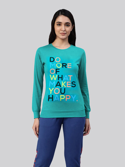 Blue green printed round neck t- shirt for women