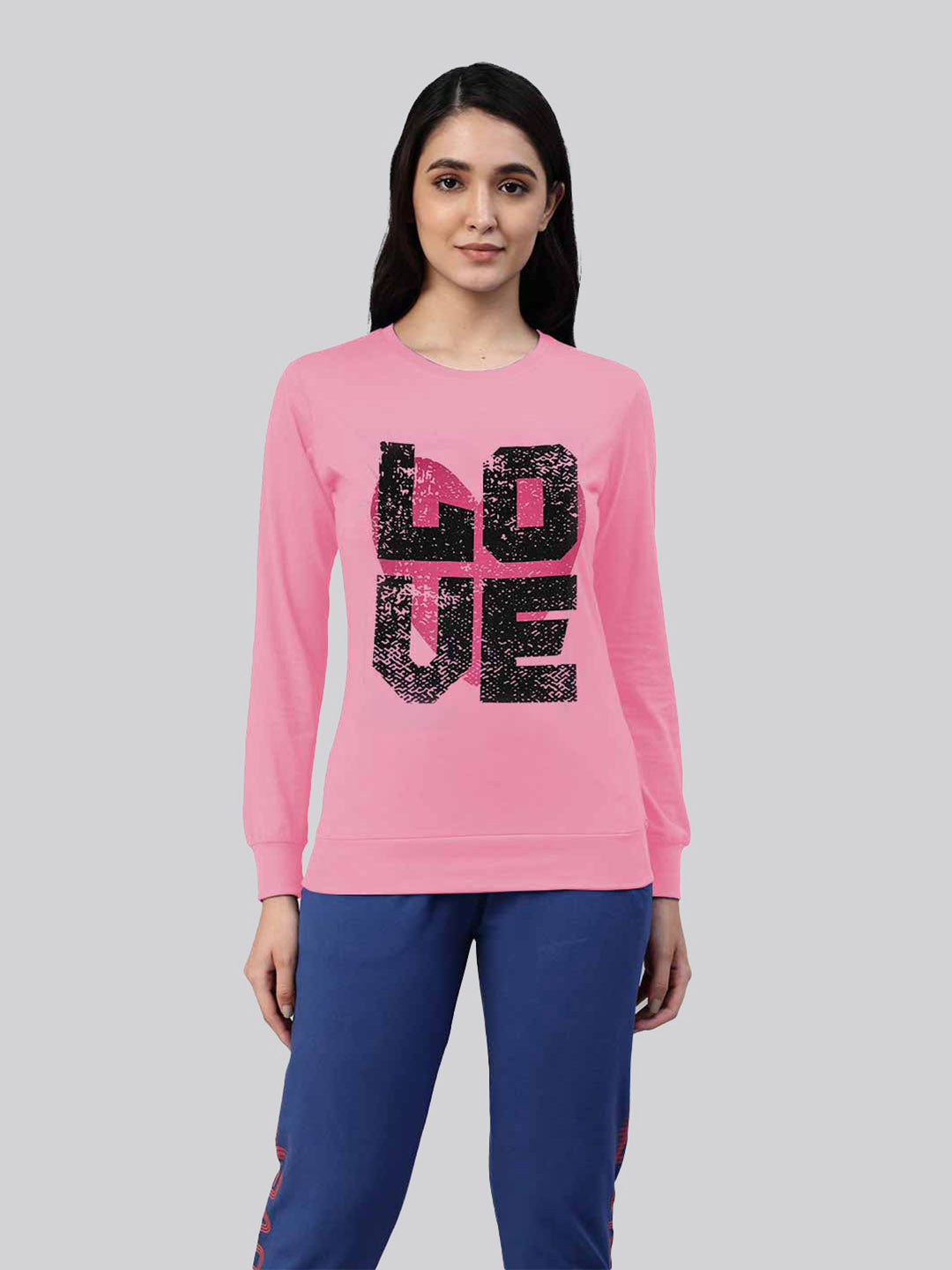 Pink printed round neck t-shirt for women