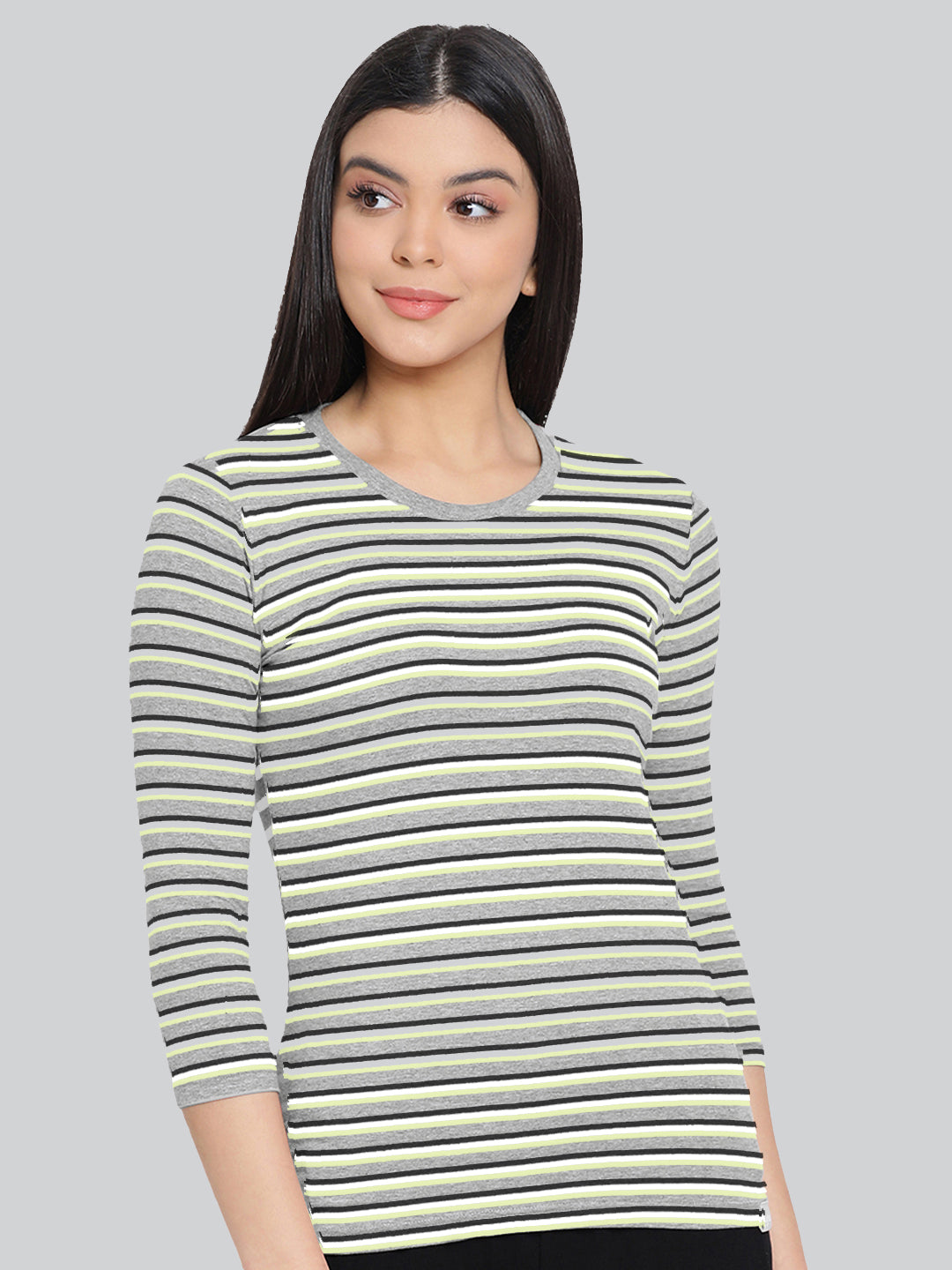 Grey Base with Black and White Stripes Round Neck 3/4 Sleeve T-Shirt #408