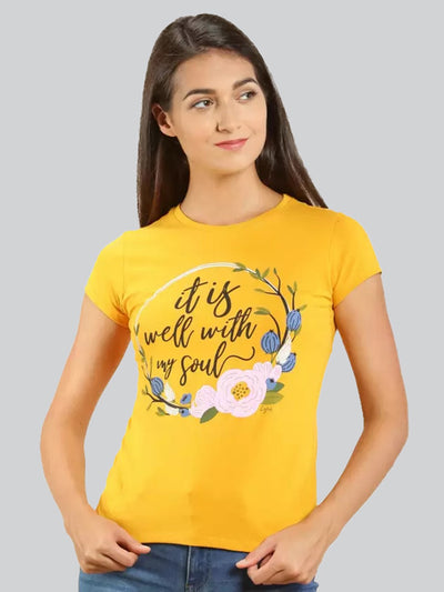 Yellow Printed Round Neck T-Shirt #403