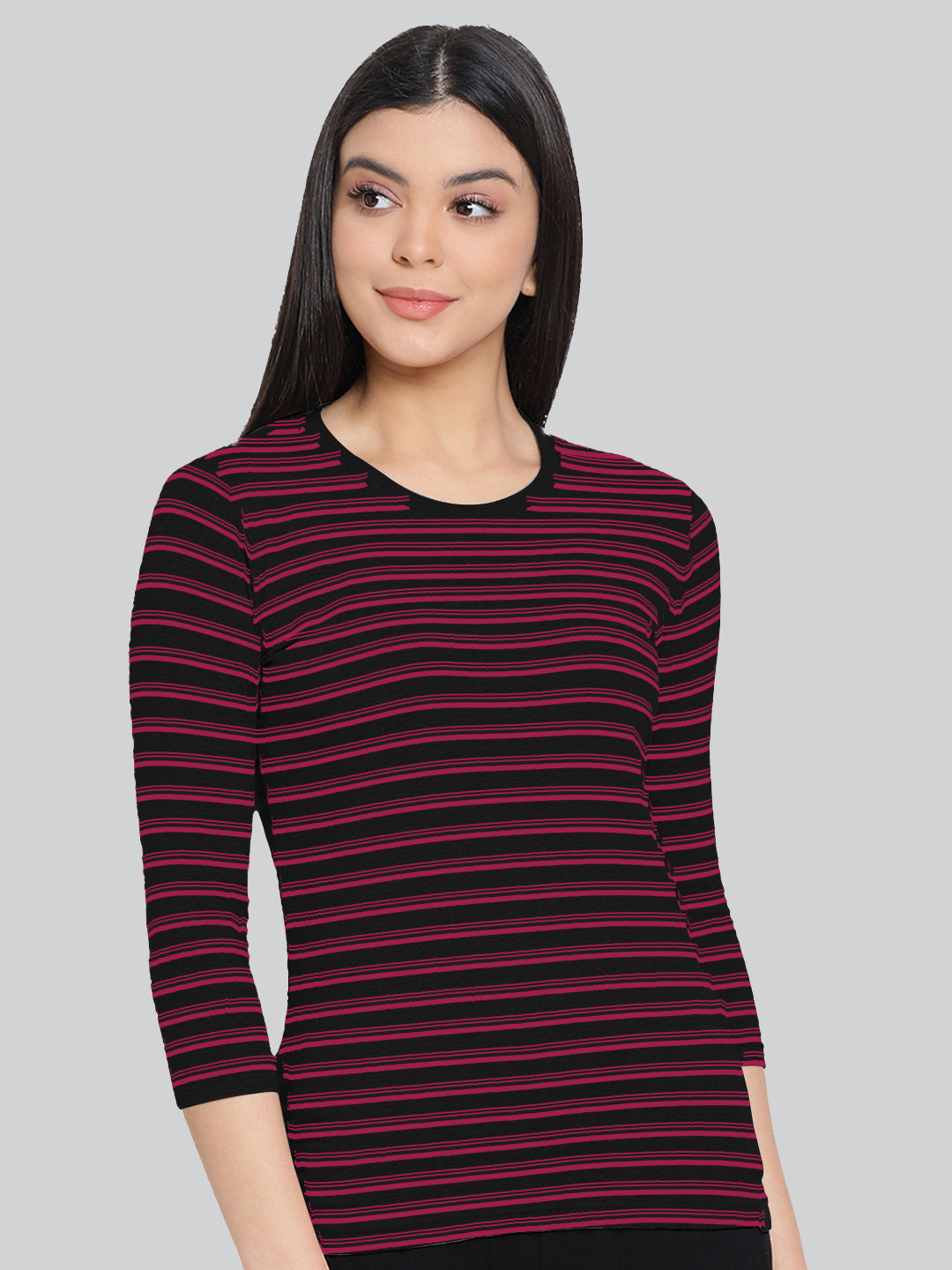 Black Base with Red Stripes Round Neck 3/4 Sleeve T-Shirt #408