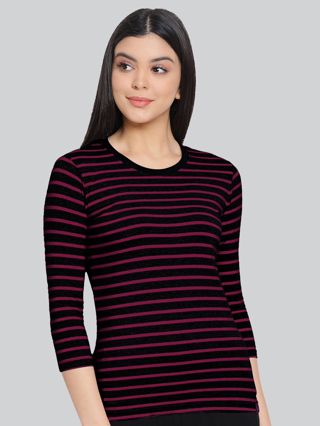 Black Base with Pink Stripes Round Neck 3/4 Sleeve T-Shirt #408