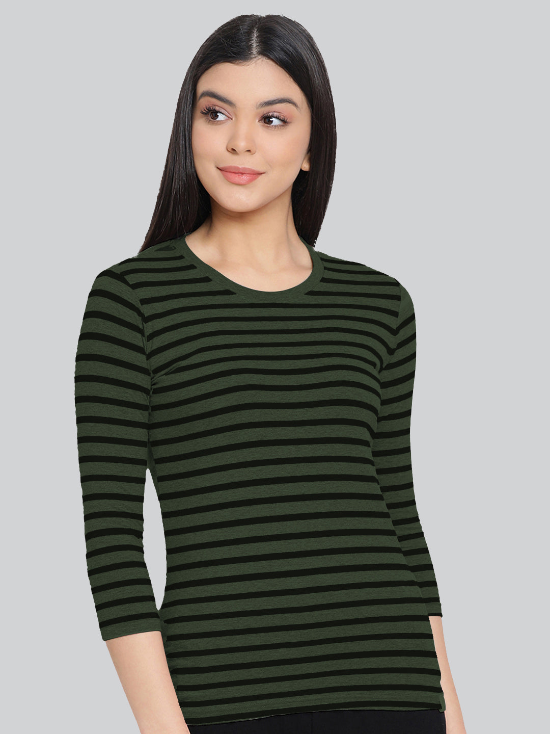Olive Base with Black Stripes Round Neck 3/4 Sleeve T-Shirt #408