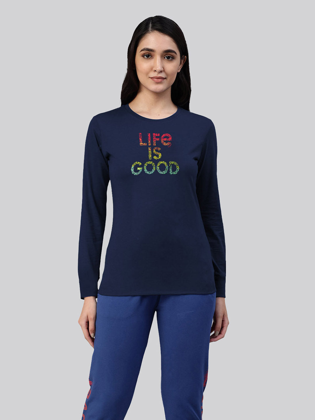 Navy printed blue round neck full sleeve t-shirt for ladies