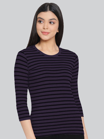 Purple Base with Black Stripes Round Neck 3/4 Sleeve T-Shirt #408