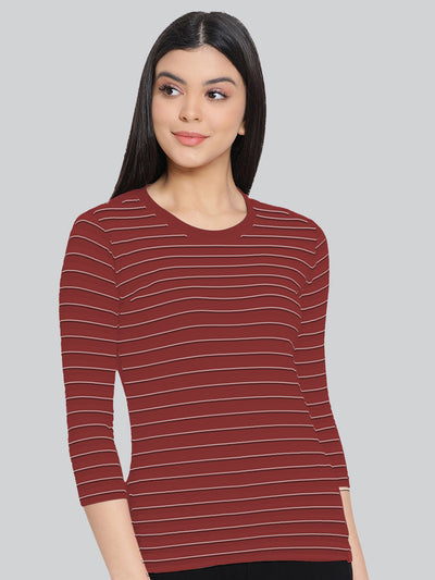 Red Base with White Stripes Round Neck 3/4 Sleeve T-Shirt #408