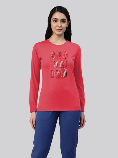Red printed round neck full sleeve t-shirt