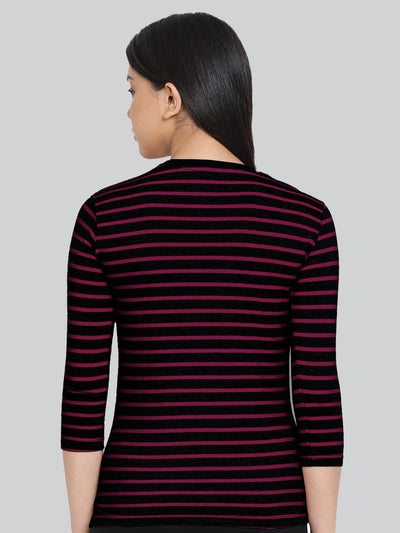 Black Base with Pink Stripes Round Neck 3/4 Sleeve T-Shirt #408