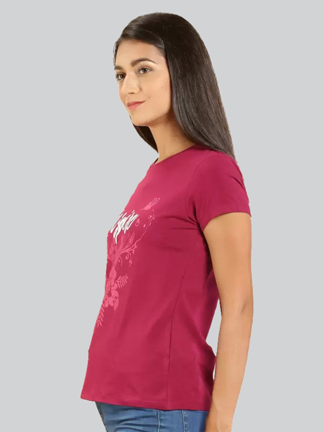 Dark Pink Printed Round Neck Printed T-Shirt #403