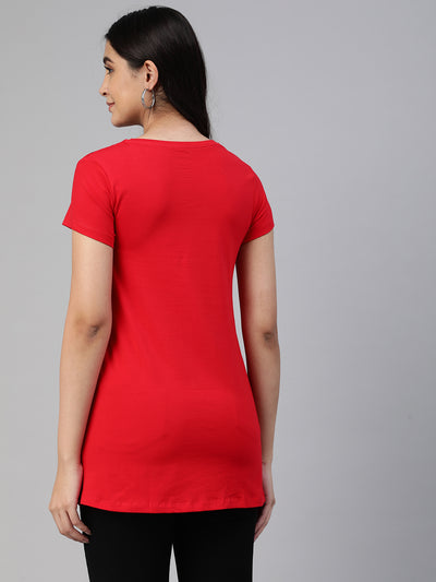 Red Printed Round Neck Long T-Shirt #406