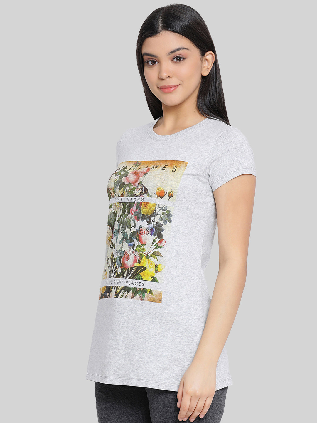 Grey Printed Round Neck Long T-Shirt #406