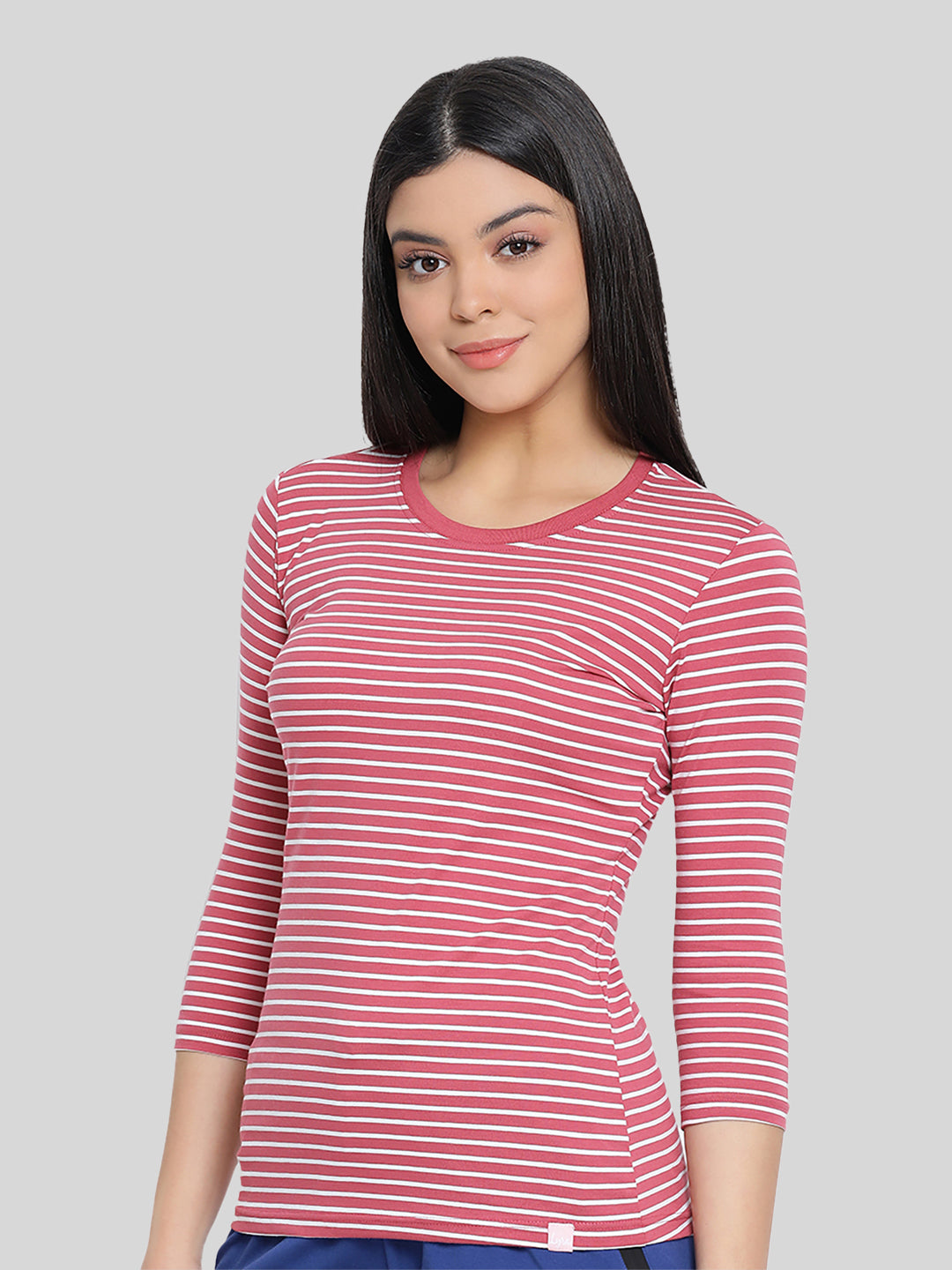 Pink Base with White Stripes Round Neck 3/4 Sleeve T-Shirt #408