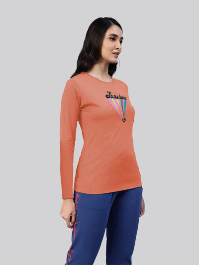 Orange printed round neck full sleeve t-shirt
