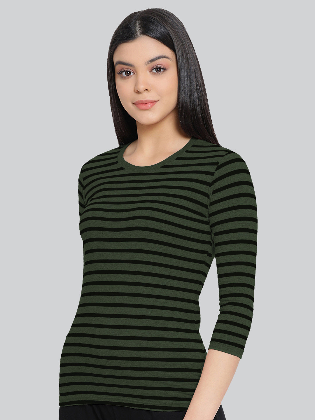 Olive Base with Black Stripes Round Neck 3/4 Sleeve T-Shirt #408