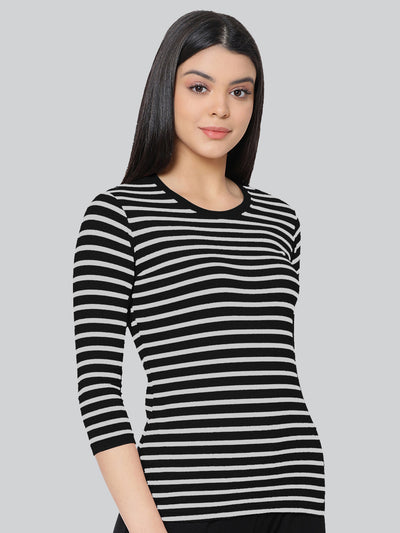 Black Base with White Stripes Round Neck 3/4 Sleeve T-Shirt #408