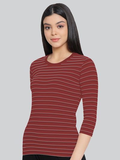 Red Base with White Stripes Round Neck 3/4 Sleeve T-Shirt #408