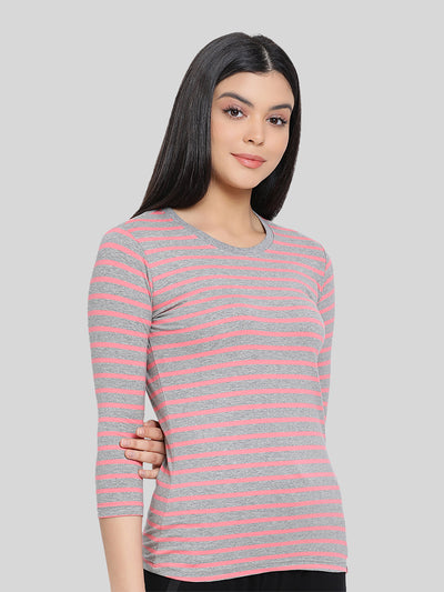Pink Base with Grey Stripes Round Neck 3/4 Sleeve T-Shirt #408