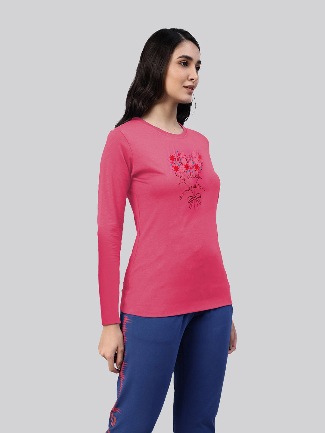 Pink printed round neck full sleeve t-shirt for ladies