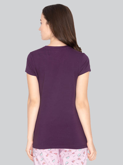 Purple round neck cotton t shirt for ladies