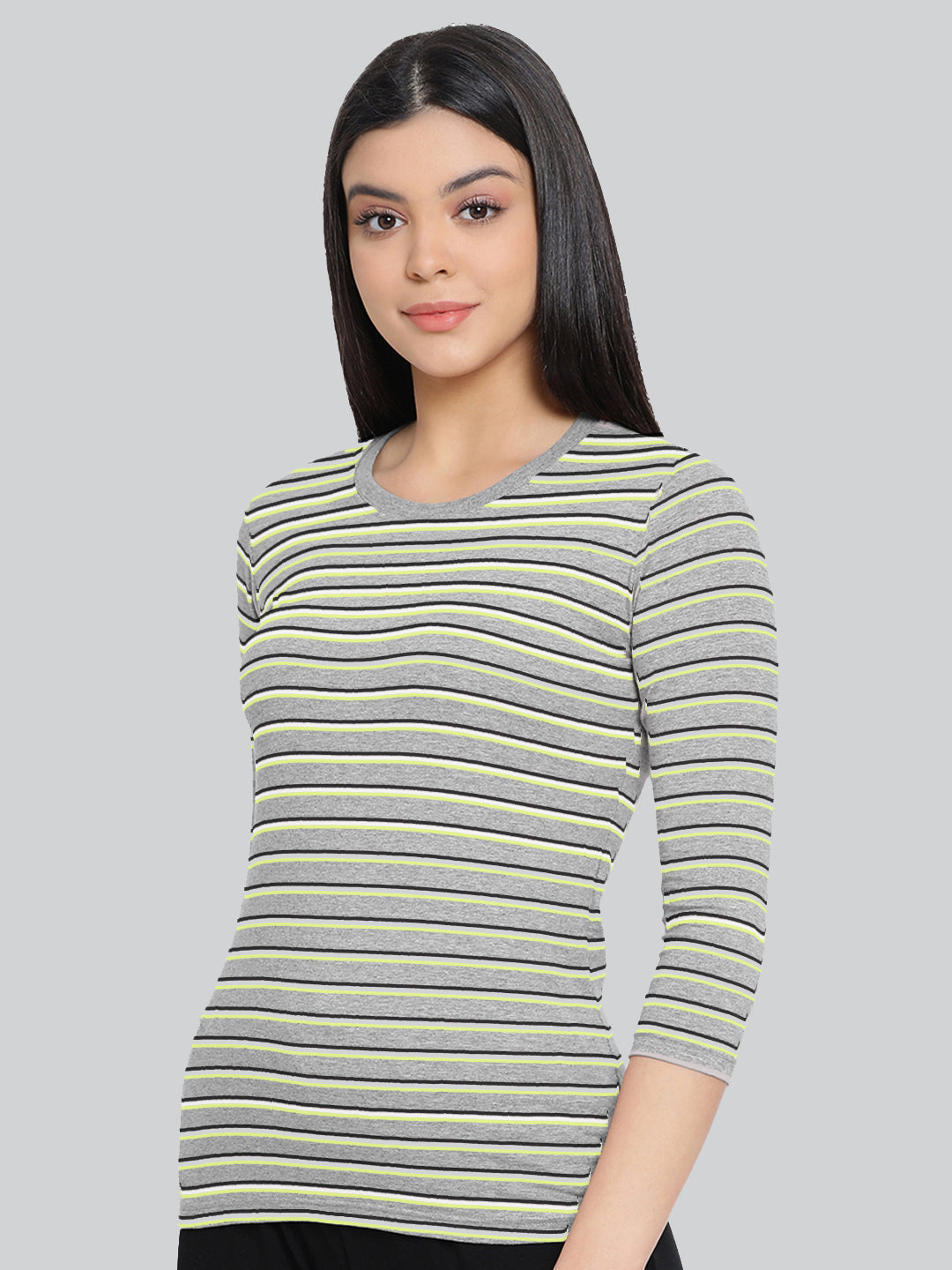 Grey Base with Black and White Stripes Round Neck 3/4 Sleeve T-Shirt #408