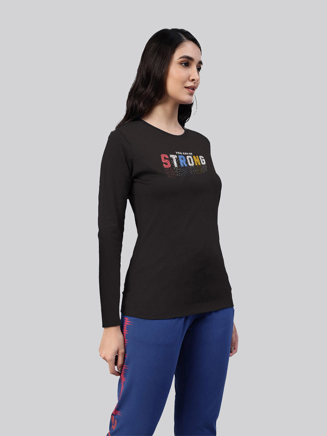 Black printed round neck full sleeve t-shirt for ladies
