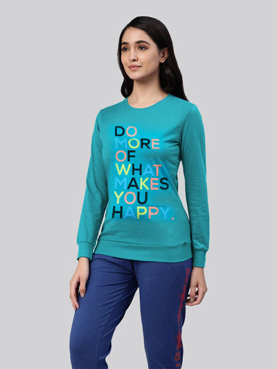 Blue green printed round neck t- shirt for ladies