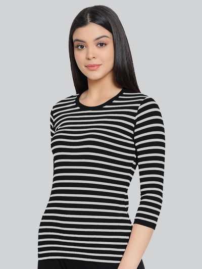 Black Base with White Stripes Round Neck 3/4 Sleeve T-Shirt #408