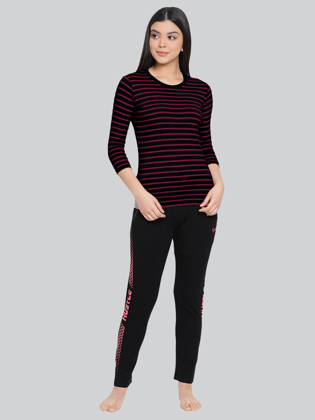 Black Base with Pink Stripes Round Neck 3/4 Sleeve T-Shirt #408