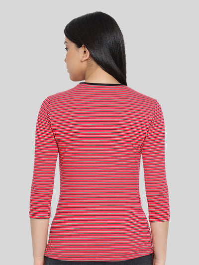 Pink Base with Black & White Stripes Round Neck 3/4 Sleeve T-Shirt #408