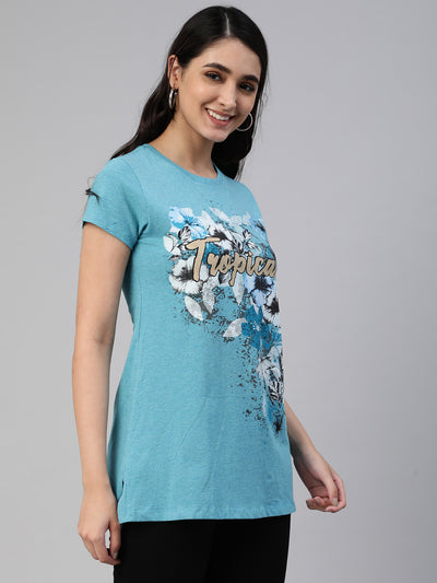 Blue Printed Round Neck Long T-Shirt #406