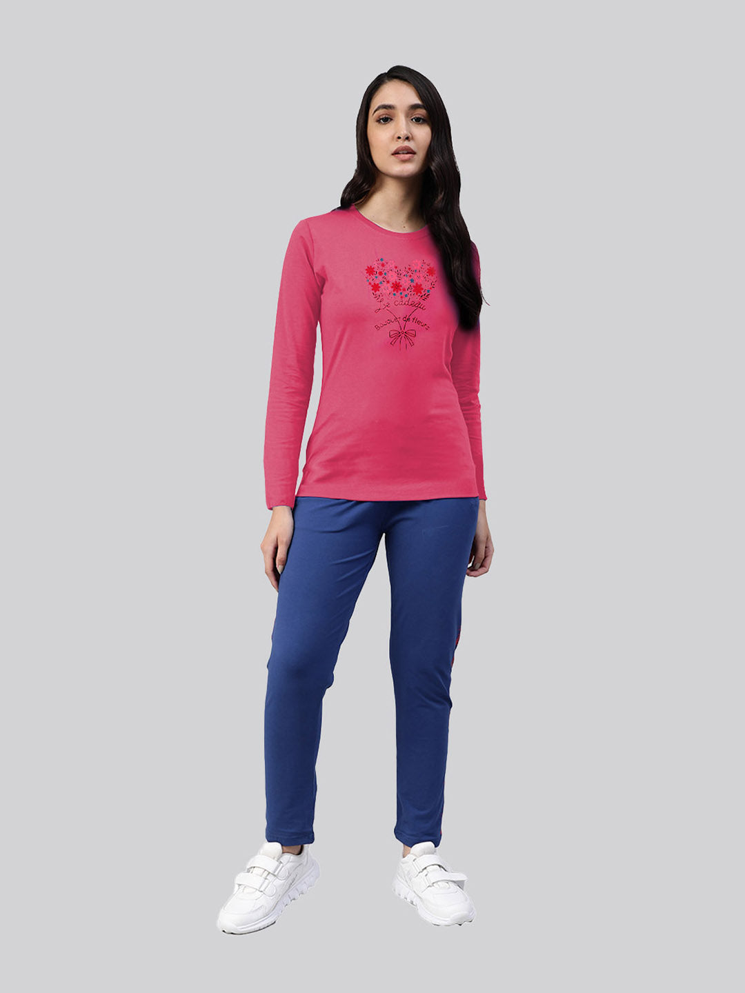 Pink printed round neck full sleeve t-shirt for women