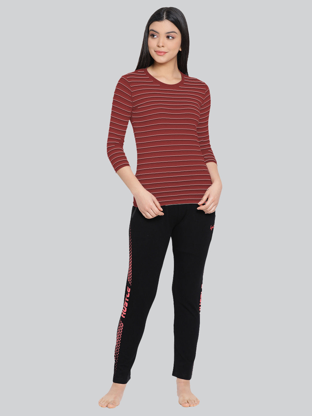 Red Base with White Stripes Round Neck 3/4 Sleeve T-Shirt #408