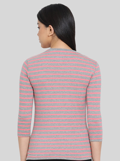 Pink Base with Grey Stripes Round Neck 3/4 Sleeve T-Shirt #408