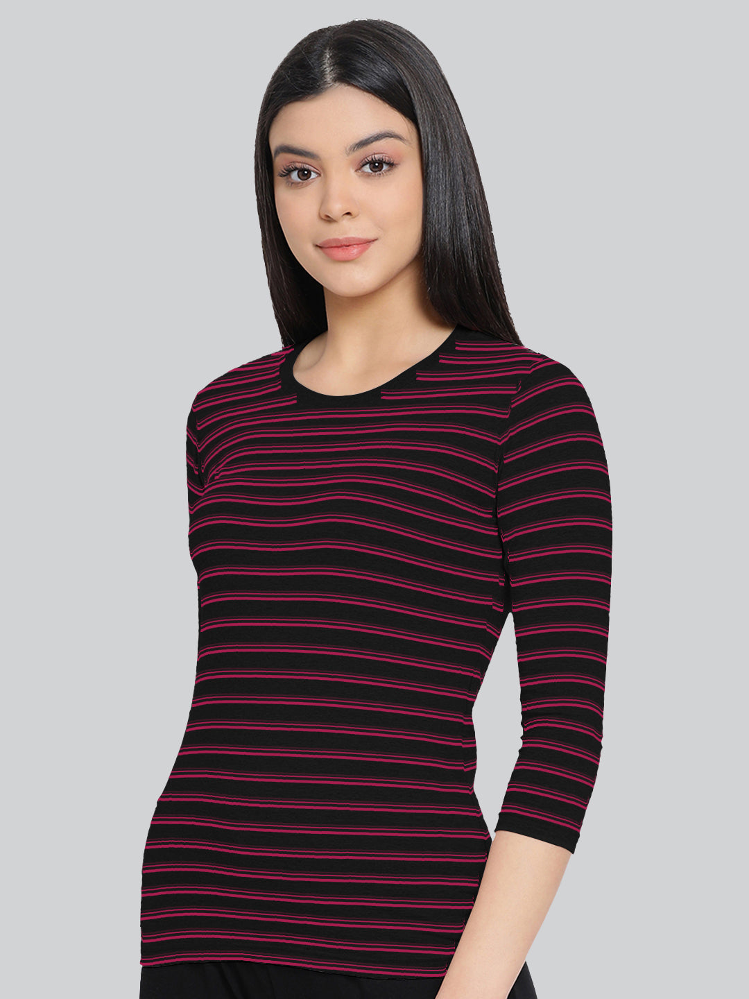 Black Base with Red Stripes Round Neck 3/4 Sleeve T-Shirt #408