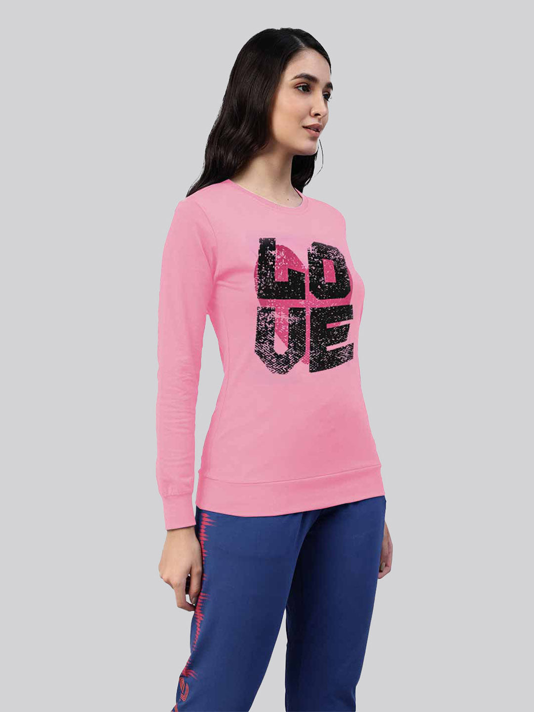 Pink printed round neck cotton t shirt for women