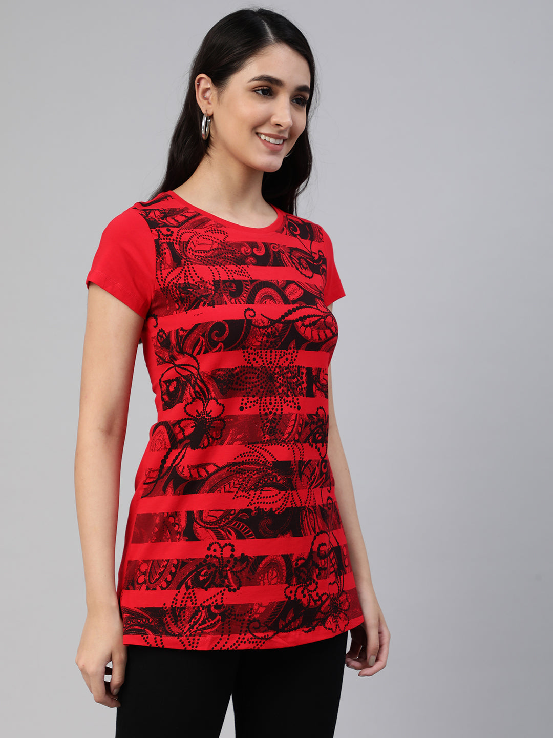 Red Printed Round Neck Long T-Shirt #406