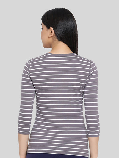 Grey Base with White Stripes Round Neck 3/4 Sleeve T-Shirt #408