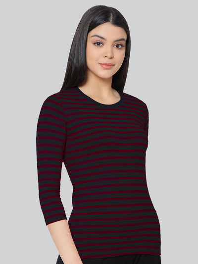 Black Base with Maroon Stripes Round Neck 3/4 Sleeve T-Shirt #408