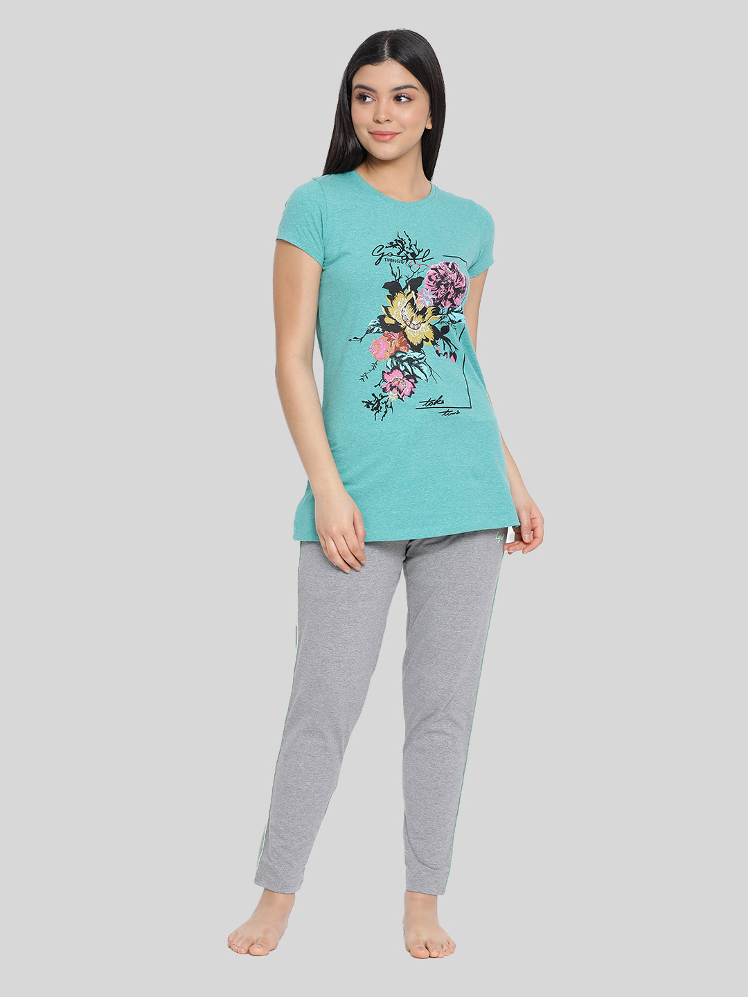 Blue Printed Round Neck Long T-Shirt #406