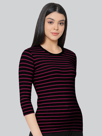 Black Base with Pink Stripes Round Neck 3/4 Sleeve T-Shirt #408