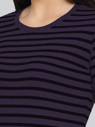 Purple Base with Black Stripes Round Neck 3/4 Sleeve T-Shirt #408