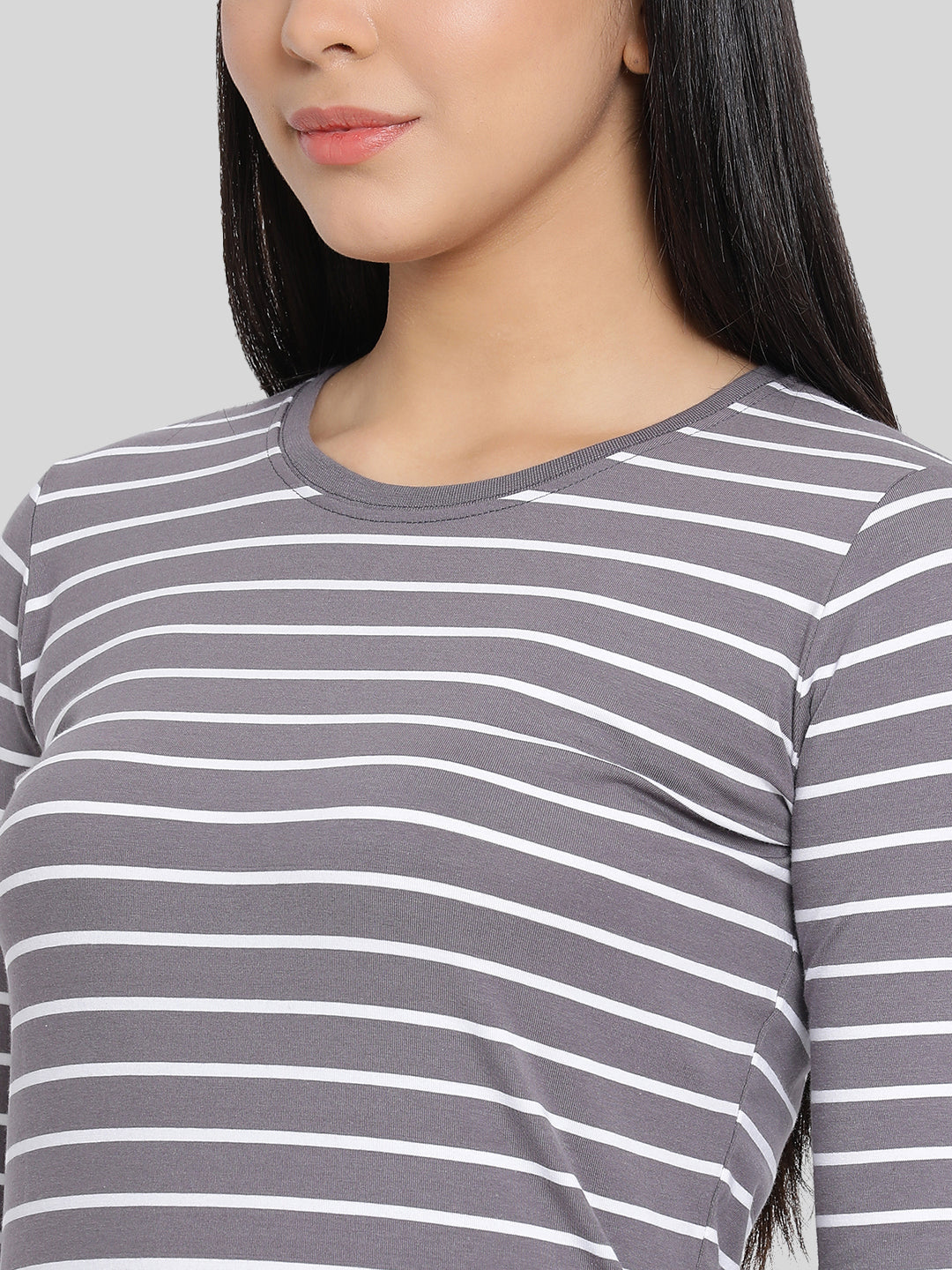 Grey Base with White Stripes Round Neck 3/4 Sleeve T-Shirt #408