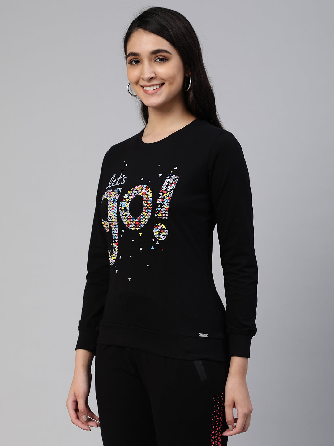 Black Printed Round Neck Full Sleeve T-Shirt #410